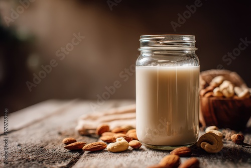 Creamy homemade almond milk in a glass jar on a rustic wooden table