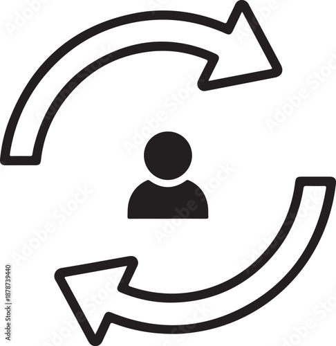 User feedback loop, person in middle with circular arrows, representing communication, interaction, and continuous improvement cycles in business