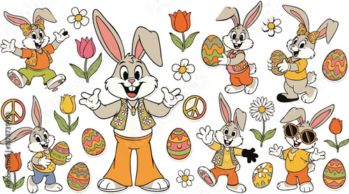 Easter bunny illustrations surrounded by eggs and flowers in a festive scene