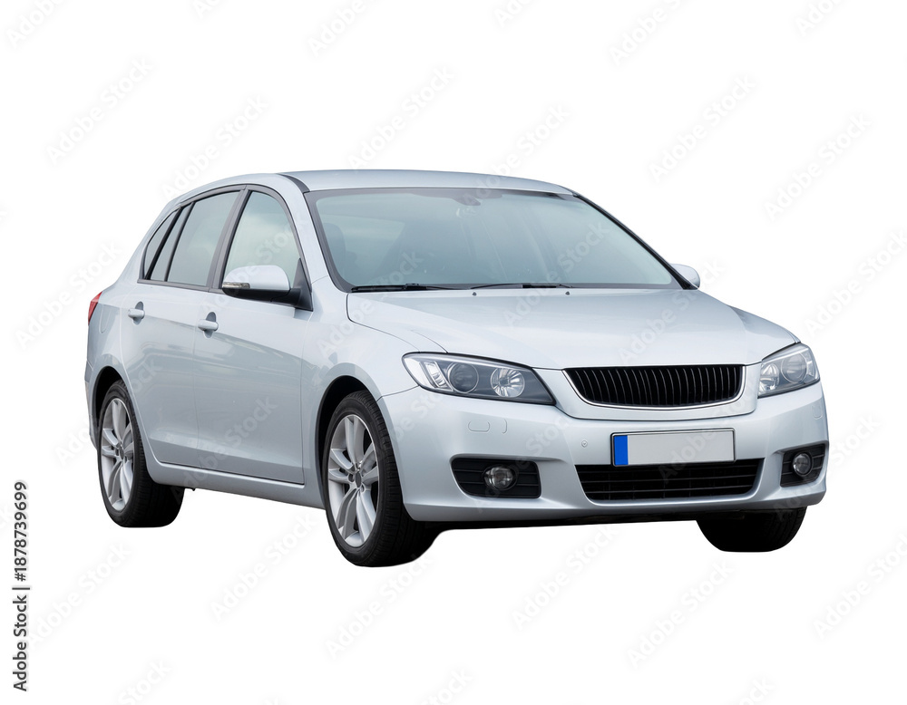 Obraz premium Silver sedan car isolated on white background with sleek contours and alloy wheels