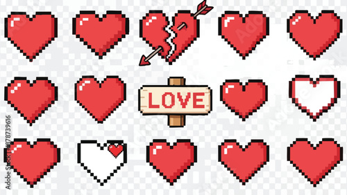 Collection of heart icons with broken heart and love sign displayed centrally