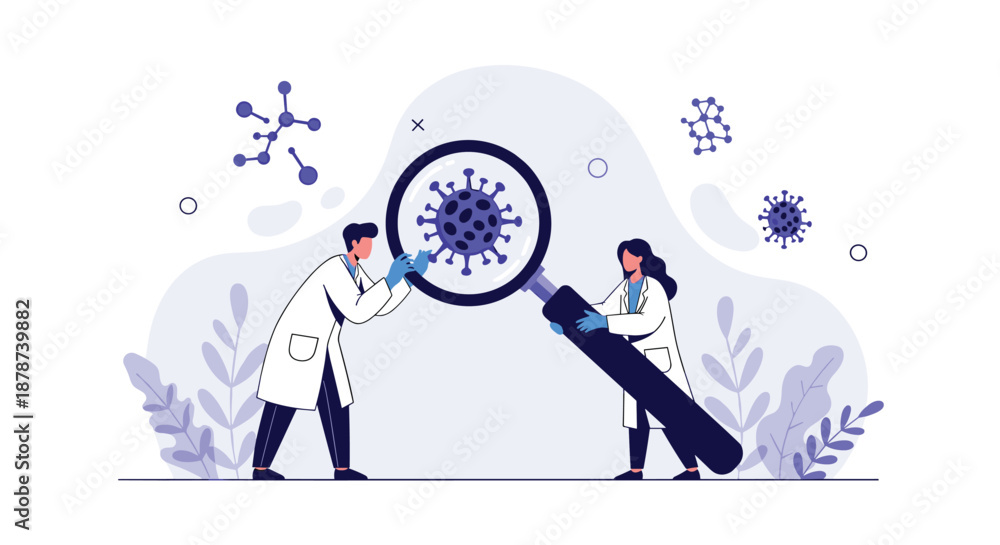 Fototapeta premium Two scientists in lab coats using a giant magnifying glass to examine a microscopic virus cell in a medical research laboratory.
