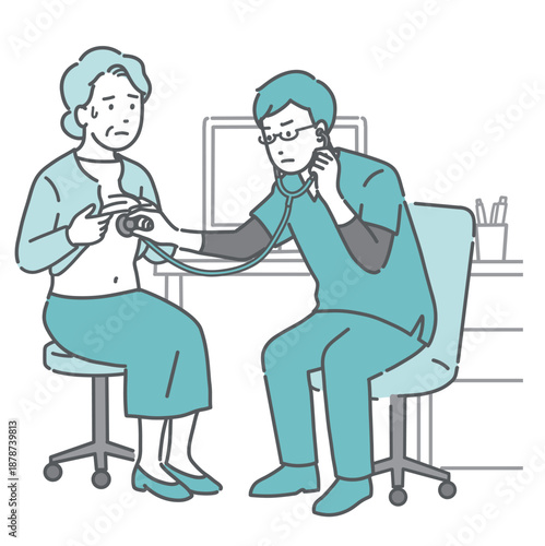 聴診を受ける冷や汗をかいた高齢女性と深刻な表情の医師のイラスト