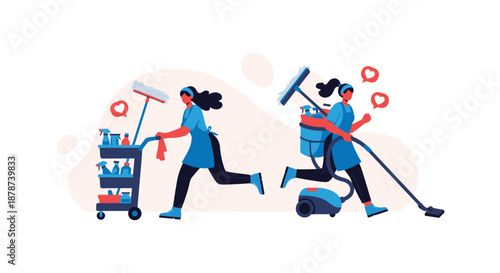 Two female cleaning service staff members in blue uniforms running quickly with equipment carts and vacuum cleaners.