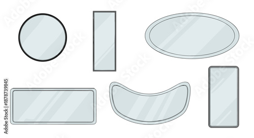 Diverse collection of mirror shapes including circular, tall rectangular, oval, horizontal, and an arched decorative style.
