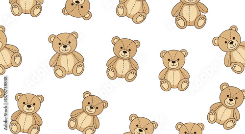 Cute and soft teddy bear seamless pattern with various brown stuffed animals on a clean white background for kids.
