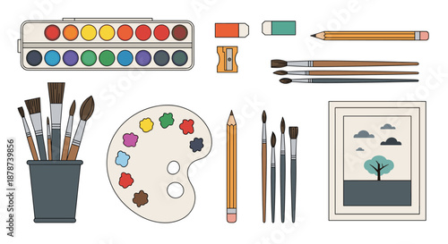 Artist supplies collection featuring a watercolor set, various paint brushes, pencils, palette, and a finished landscape painting.