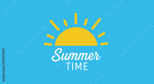 Bright yellow sun graphic on a clear blue sky background with the words Summer Time written in elegant white text.
