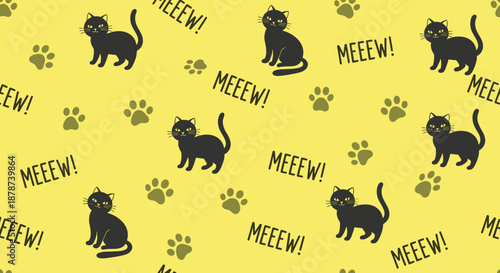Playful seamless pattern with black cats, green paw prints, and Meew text on a bright yellow background for cat lovers.