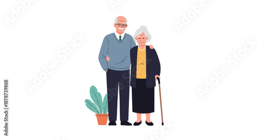 Elderly couple standing together affectionately with the man putting his arm around the woman who is holding a cane.