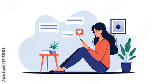 Young woman sitting comfortably on the floor and using her smartphone to chat with friends in a cozy room with plants.
