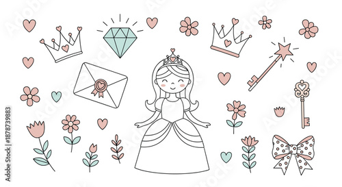 Magical princess themed element set including a girl, crowns, magic wand, diamonds, flowers, and a love letter in soft colors.
