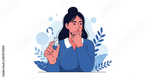 Thoughtful woman holding a small medicine vial or vaccine bottle and looking uncertain against a floral blue background.