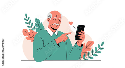 Elderly man smiling happily while looking at a smartphone and receiving a message of love indicated by a floating heart on a soft background.