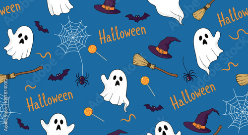 Spooky seamless Halloween pattern with cute ghosts, witches hats, spiders, cobwebs, and flying brooms on a dark blue background for kids.