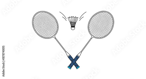 Simple illustration of two badminton rackets crossed with a shuttlecock in flight between them on a clean white background.