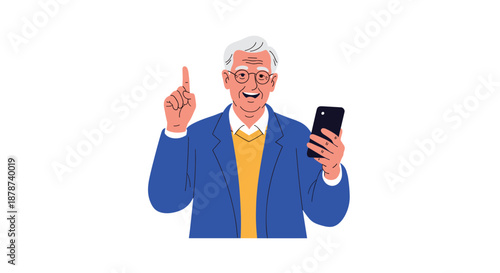 Cheerful elderly man in a blue cardigan pointing upwards with his finger and holding a smartphone while having a great idea on a white background.