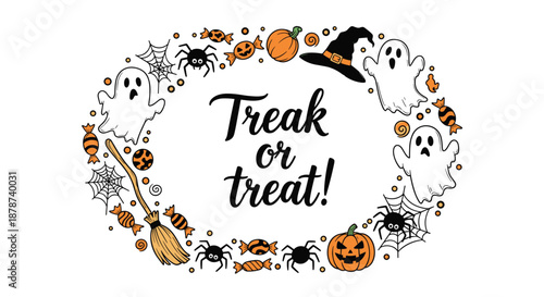 Festive Halloween wreath illustration with Trick or Treat text surrounded by ghosts, pumpkins, spiders, bats, and witches hats on a white background.