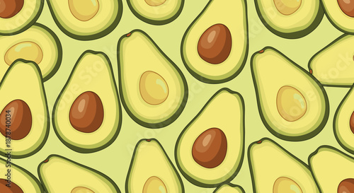 Healthy seamless pattern featuring many sliced green avocado halves with brown seeds on a light green background for food designs.
