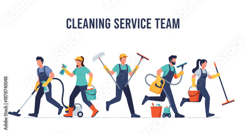 Professional cleaning service team illustration showing diverse staff in uniforms running with vacuum cleaners, mops, buckets, and spray bottles.