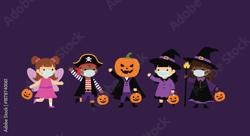 Adorable children in diverse Halloween costumes like a pirate, fairy, and witch wearing protective face masks for safe trick or treating.