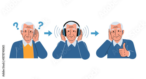 Three stage illustration of a senior man overcoming hearing loss by using a modern auditory device and listening to clear sound with headphones.