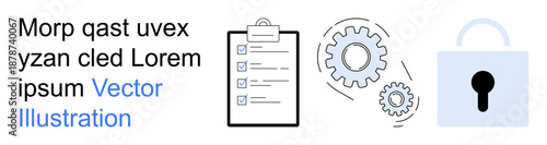 Data security, workflow, task management, encryption, productivity, system integration. Checklist, gears padlock symbol security. Data security and workflow highlighted