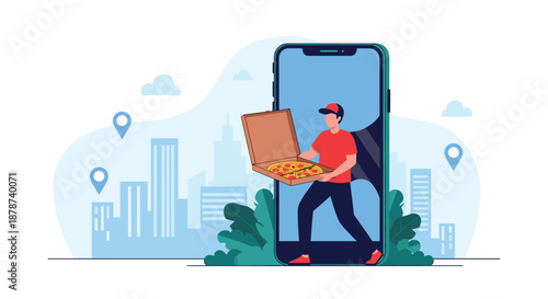 Efficient pizza delivery service concept featuring a courier carrying a pizza box out of a giant smartphone screen with city map pins.