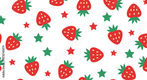 Fresh and sweet seamless pattern featuring ripe red strawberries and small green and red stars on a clean white background for summer themes.