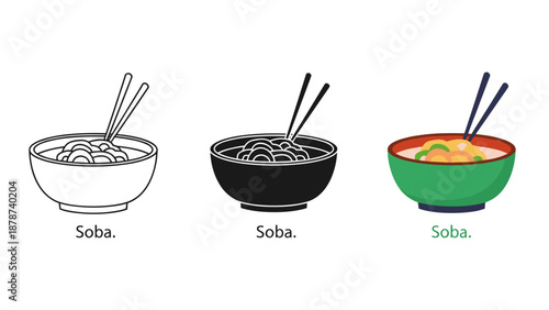 Three soba noodle bowls with chopsticks in different colors and styles on white background