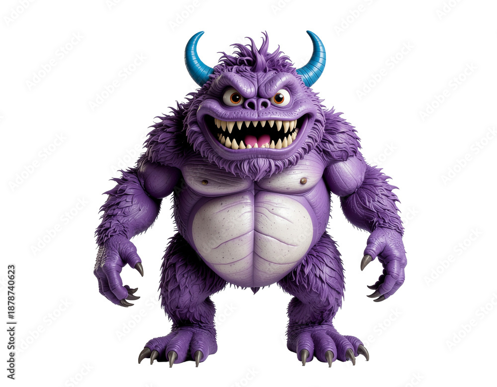 Fototapeta premium Purple drink character with blue horns and sharp teeth standing confrontationally