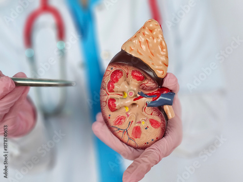 Obraz na płótnie Medical professional holds kidney model to explain anatomy and function of organ