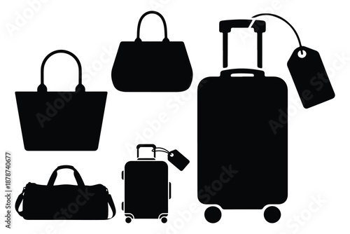 Black luggage and bags set silhouette suitcase tote
