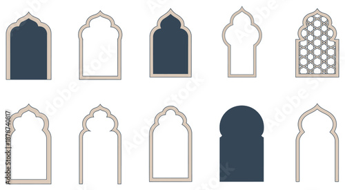 Islamic and Moroccan arch designs, rich assortment of traditional arch forms, ornate patterns, ideal for cultural artwork, architectural visuals, decorative layouts.