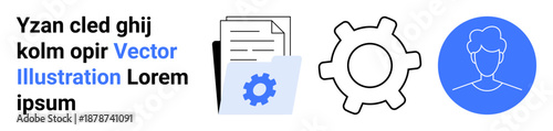 Workflow management, system integration, user management, team collaboration, document processing, digital tools. Gear and user avatar alongside a document. Workflow management and system integration