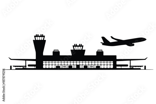 Black and white airport terminal with air traffic control towers and airplane
