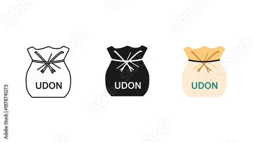 Udon noodle bags in black white and beige on white background