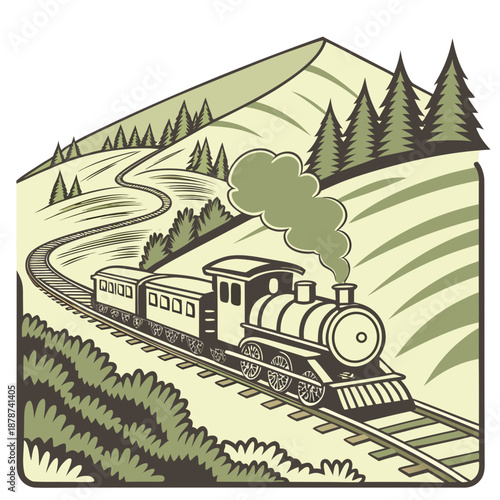 Vintage steam train on mountain rail route through forest