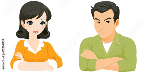 Ilustración de pareja con brazos cruzados, mujer sonriente y hombre con expresión seria sobre fondo blanco.