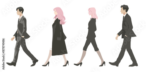 Grupo de cuatro profesionales en traje caminando de perfil sobre fondo blanco, ideal para diseño transparente.