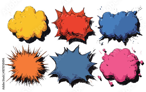 Seis explosiones de color estilo cómic y bocadillos de diálogo dibujados a mano sobre fondo transparente.