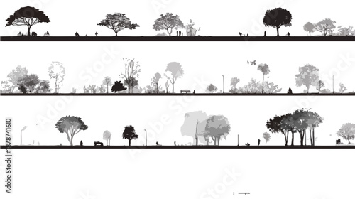 Siluetas de árboles y vegetación en perfil urbano, diseño arquitectónico con fondo transparente.