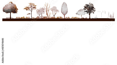 Siluetas de diversos árboles y vegetación con suelo marrón sobre fondo transparente, ideal para diseño.