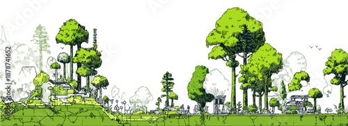 Ilustración fantástica de bosque verde vibrante con árboles estilizados y fondo transparente para diseño