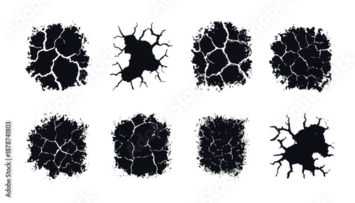 Conjunto de ocho texturas de grietas oscuras y secas con fondo transparente, ideales para efectos de diseño.