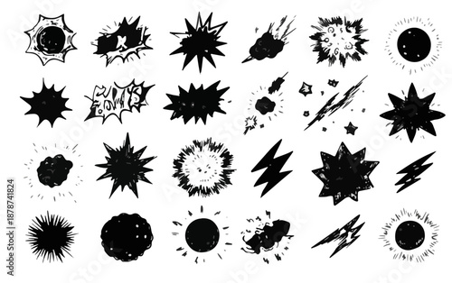 Conjunto de explosiones y destellos dibujados a mano en estilo grunge y boceto, aislados sobre fondo transparente.