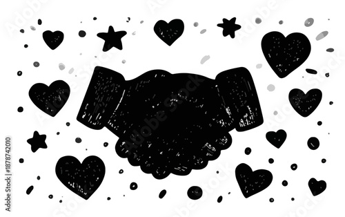 Silueta de apretón de manos con corazones y estrellas dibujados a mano sobre fondo transparente, concepto de acuerdo.