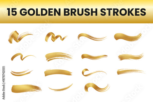Gold paint brush stroke collection with metallic texture elements set