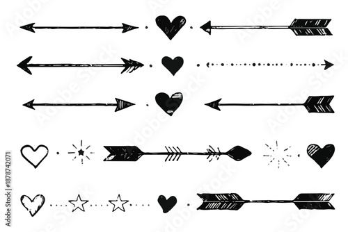 Conjunto de divisores dibujados a mano con flechas, corazones y elementos decorativos sobre fondo transparente.