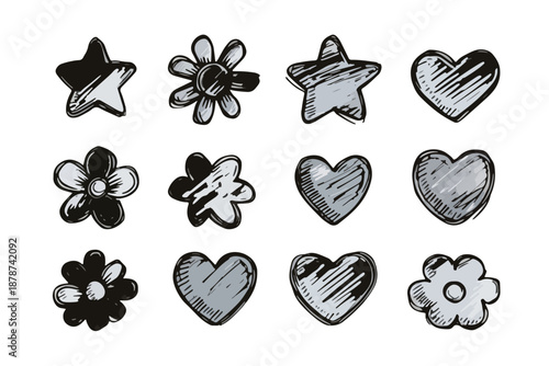 Conjunto de iconos dibujados a mano en escala de grises: estrellas, corazones y flores sobre fondo transparente.